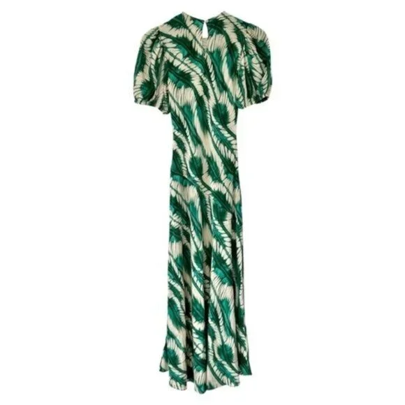Ulla Johnson Ines Acacia Green Puff Sleeve Printed Silk Midi Dress Size 0 - Picture 8 of 12
